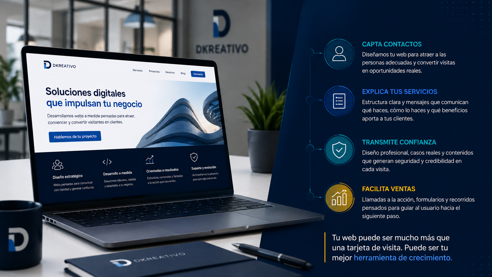 Web corporativa de Dkreativo orientada a captar contactos, explicar servicios, transmitir confianza y facilitar ventas